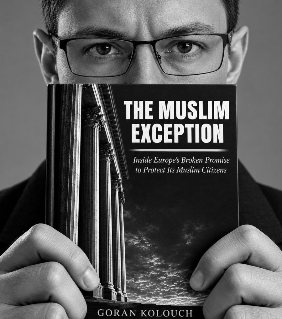 Goran Kolouch holding a copy of The Muslim Exception